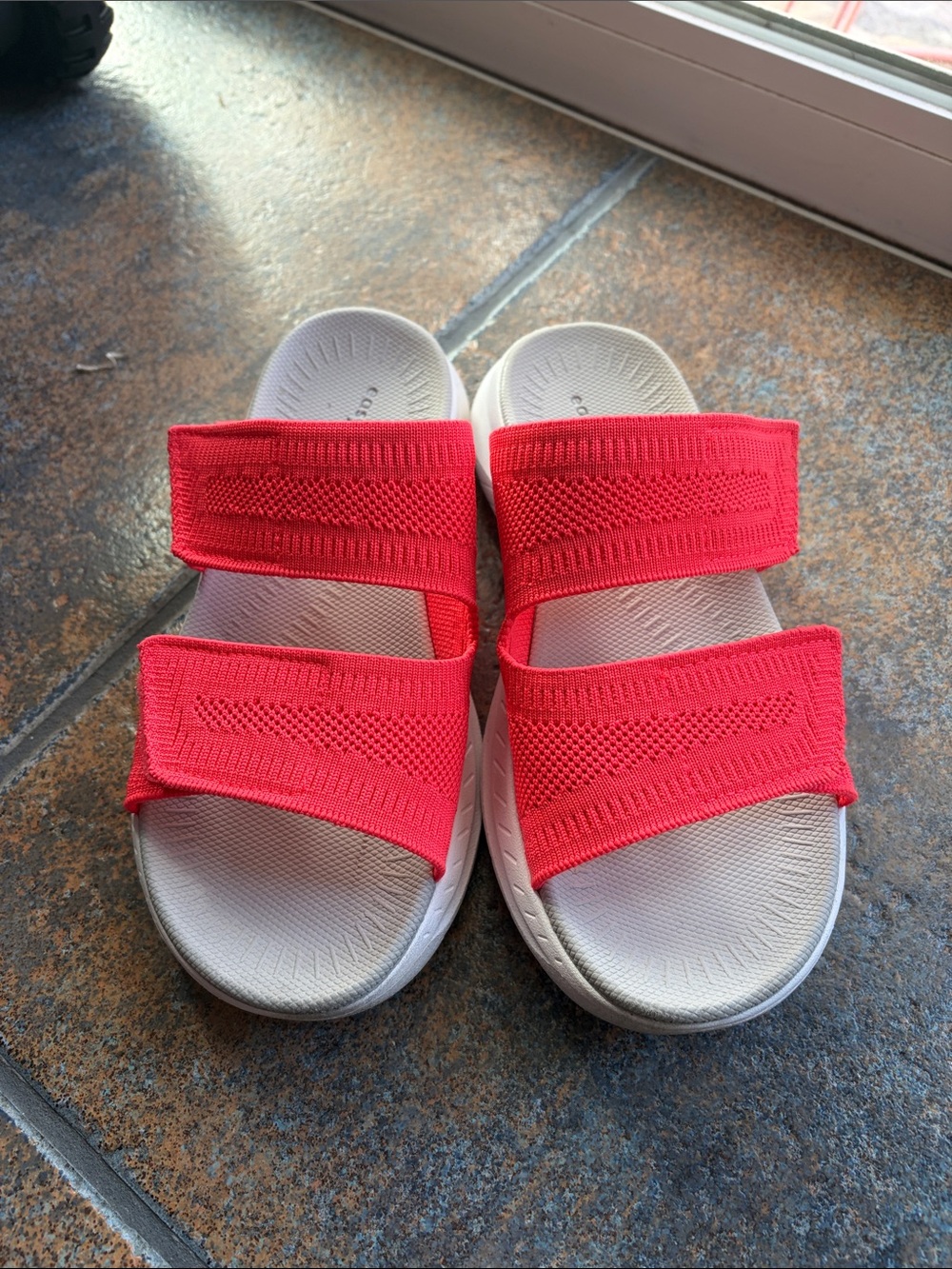 Easy Spirit Women's Bright Coral Pink/Orange Double-Strap Slide Sandals 6M